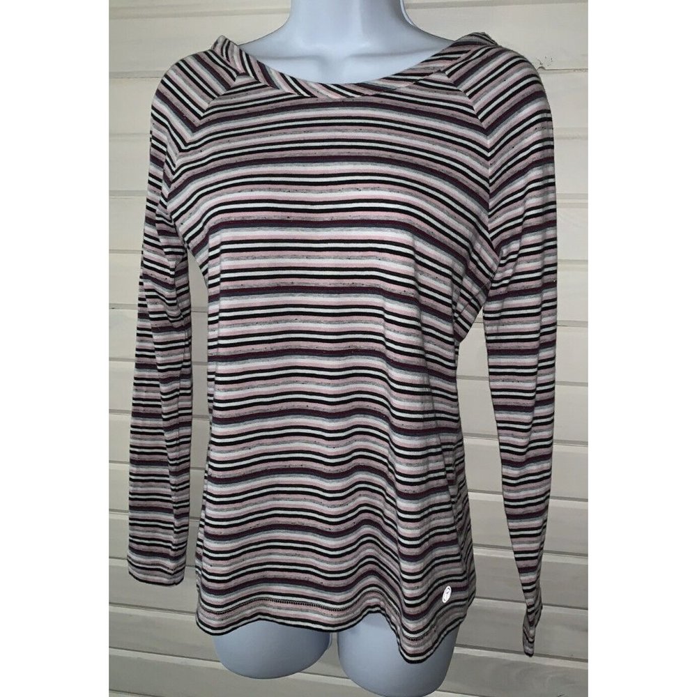 T by Talbots Sz PETITES SMALL SP Top Tunic Purple Striped Cotton Blend Logo EUC